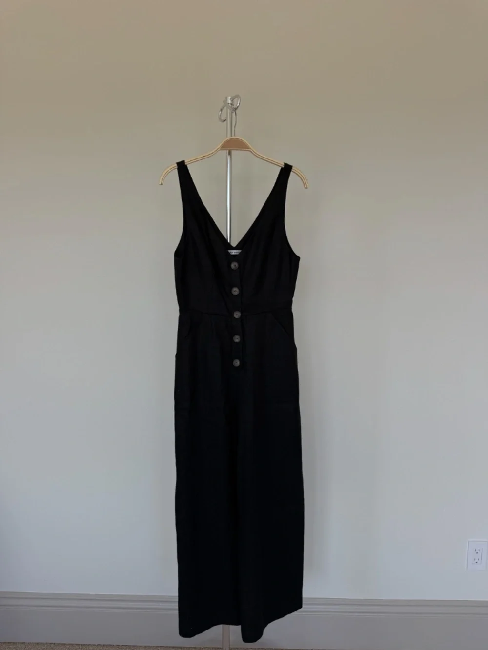 Reformation  Black Linen Blend Button Wide Leg Jumpsuit with Pockets